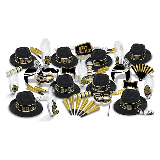 Beistle New Year 1920’s Black & Gold Hats, Tiaras, Horns & Serpentine Kit